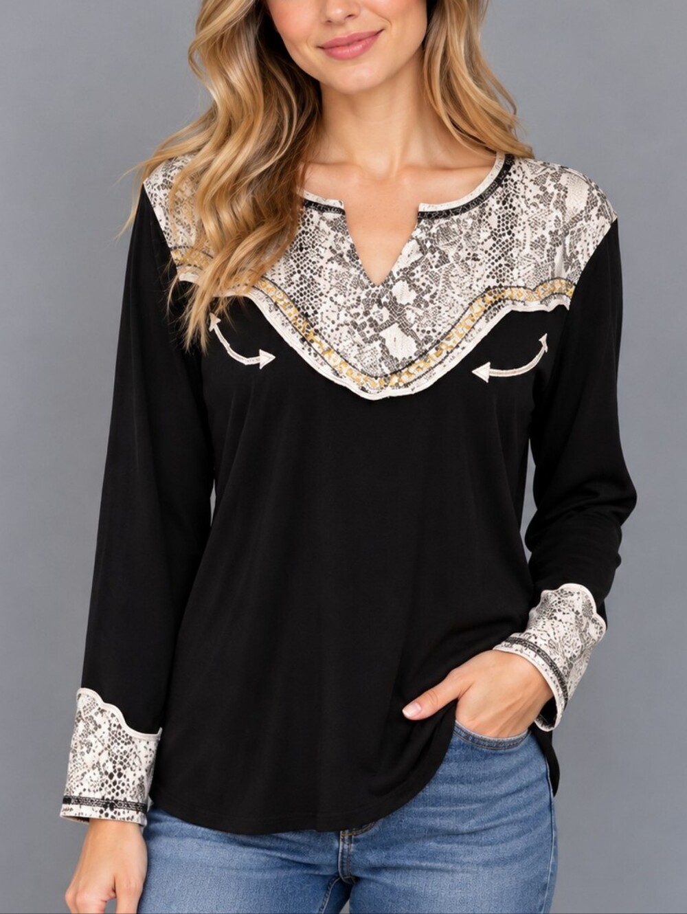 Vtg PANHANDLE SLIM Black Snake-Print Yoke Split Neck Rockabilly Long-Sleeve Top